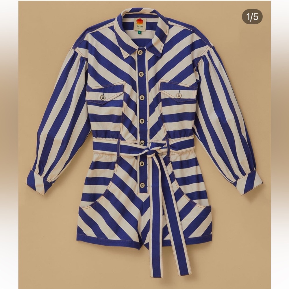 FARM Rio Blue and White Striped Jumpsuit with Tie Belt